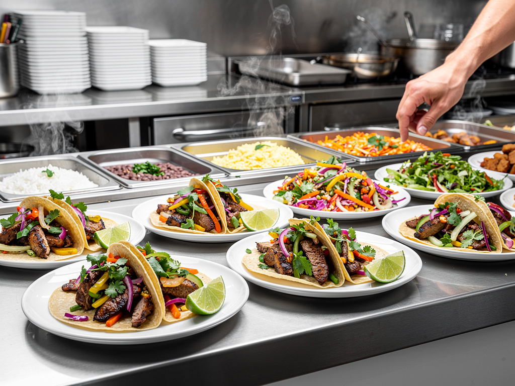Tacos de carne con verduras frescas y lima servidos en cocina profesional de restaurante Tacos de carne con verduras frescas y lima servidos en cocina profesional de restaurante