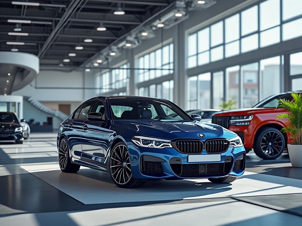 Coche deportivo azul en un showroom moderno con grandes ventanales y otros vehículos de fondo.