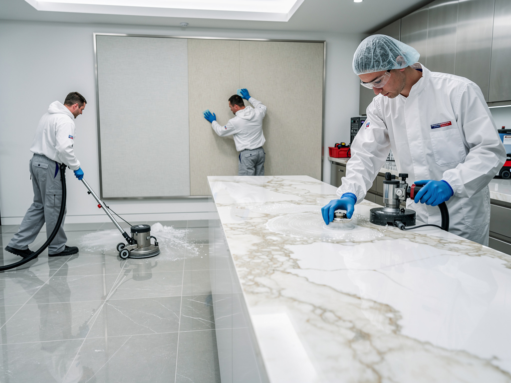 Técnicos especializados limpiando y puliendo superficies de mármol en laboratorio moderno con equipos profesionales