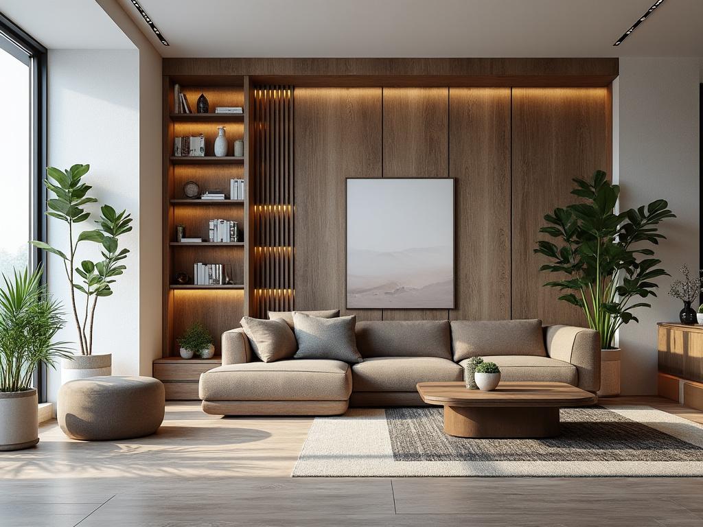 Sala de estar moderna con sofá beige, plantas de interior y pared de madera iluminada.