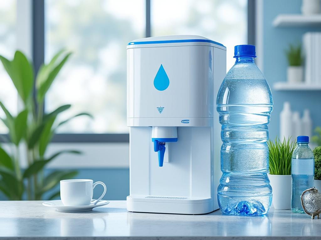 Dispensador de agua en cocina con botella de agua y taza blanca sobre encimera, plantas en el fondo.