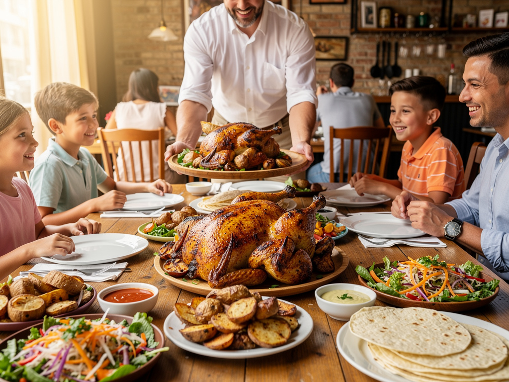 Familia disfrutando una comida en restaurante con pollo asado, ensaladas, papas y tortillas en la mesa