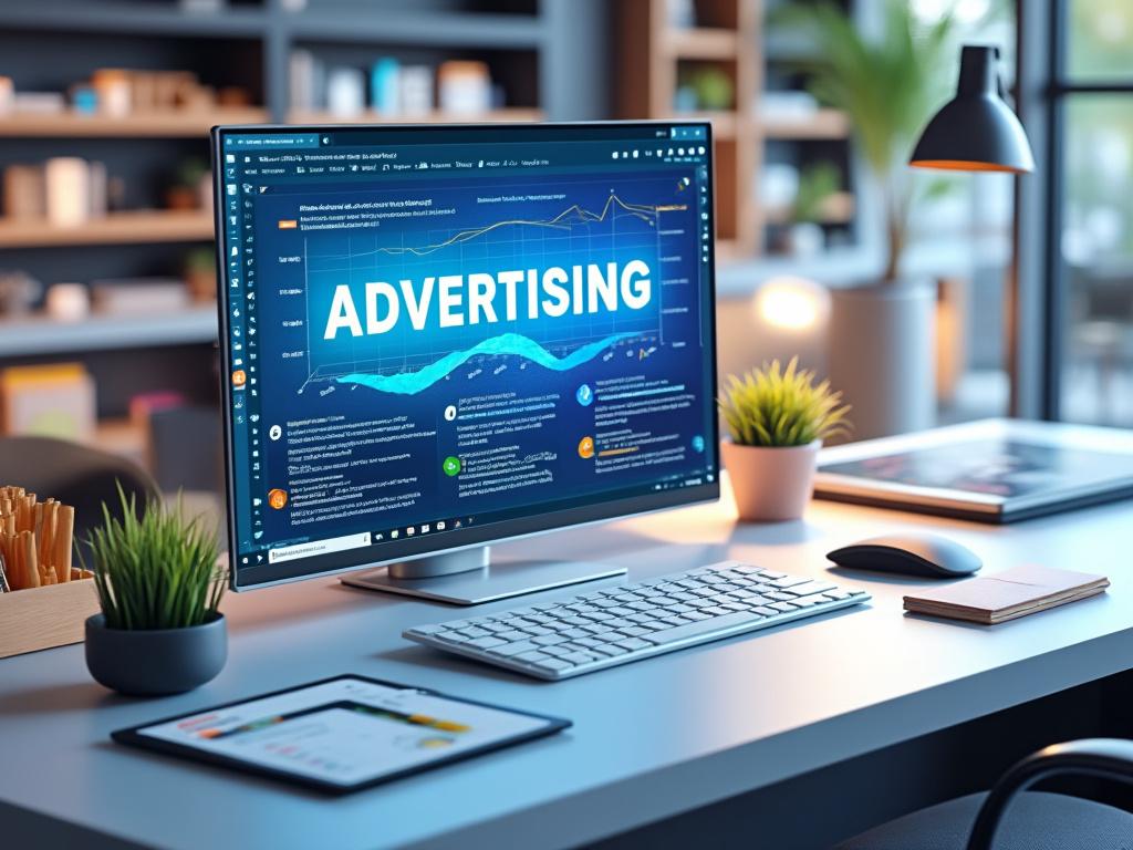 Área de trabajo moderna con computadora mostrando gráficos de publicidad digital, tablet y decoración minimalista.