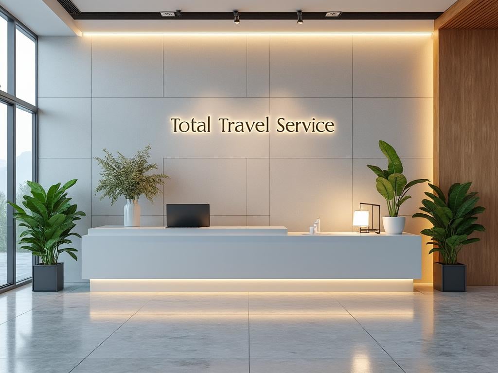 Modern travel agency reception area with minimalist desk, potted plants, and Total Travel Service signage.
Modern travel agency reception area with minimalist desk, potted plants, and Total Travel Service signage.