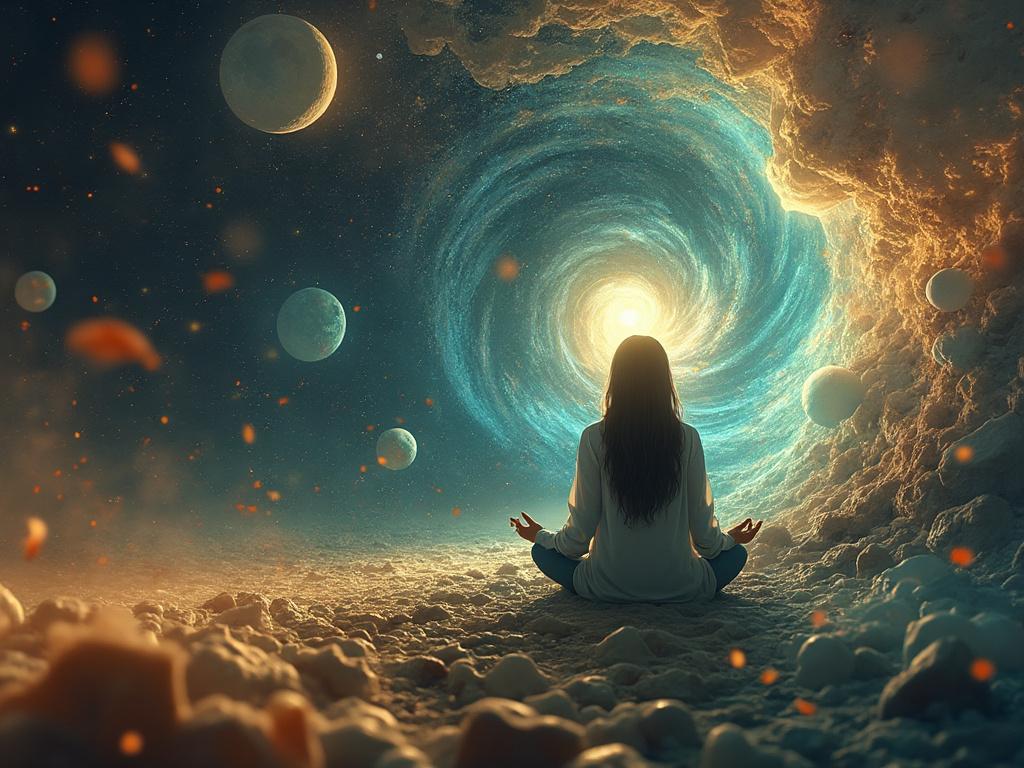 Person meditating on a surreal landscape with swirling cosmic vortex and planets.