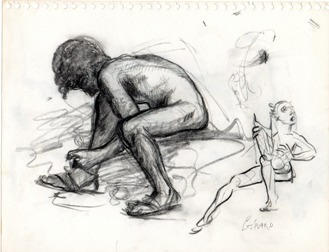 Young man lacing shoe (charcoal sketch). Approx: 8.5" x 11".