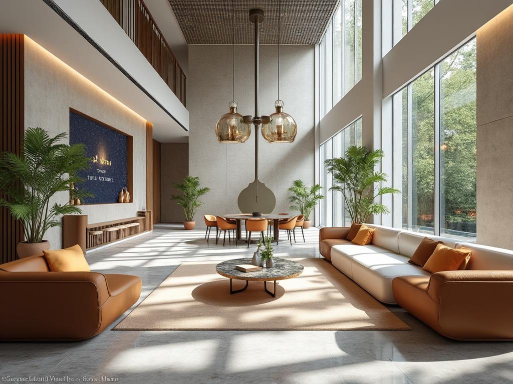 Sala de estar moderna y elegante con sofás marrones, plantas decorativas y grandes ventanales que permiten la entrada de luz natural.
