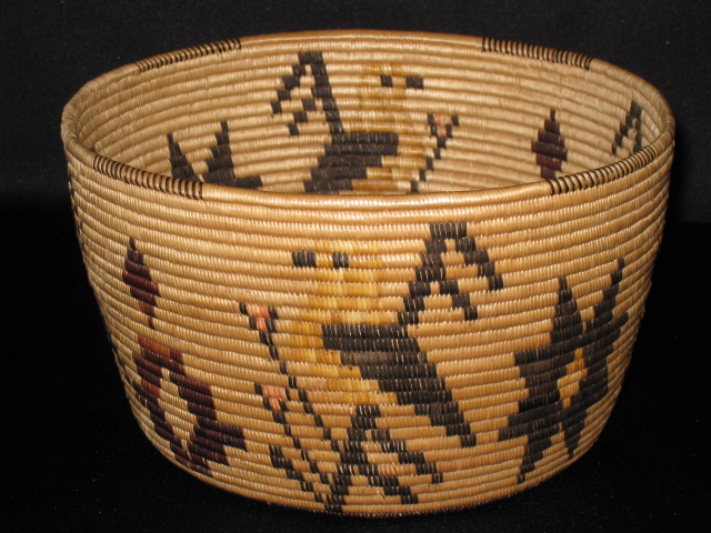 PRODUCT PROFILE :
Product No. : #70026
Description : Panamint Polychrome Bowl
PRODUCT NARRATIVE :
• Mary Wrinkle pictorial basket
• spit willow shoots, split juncus stalks
• split and dried bulrush root, joshua tree root
• size H. 4" Diam. 5" circa. 1935