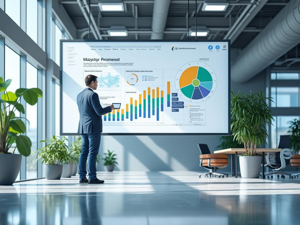 Hombre de negocios analizando gráficos y diagramas en una pantalla grande dentro de una moderna oficina con plantas y mesas de trabajo.