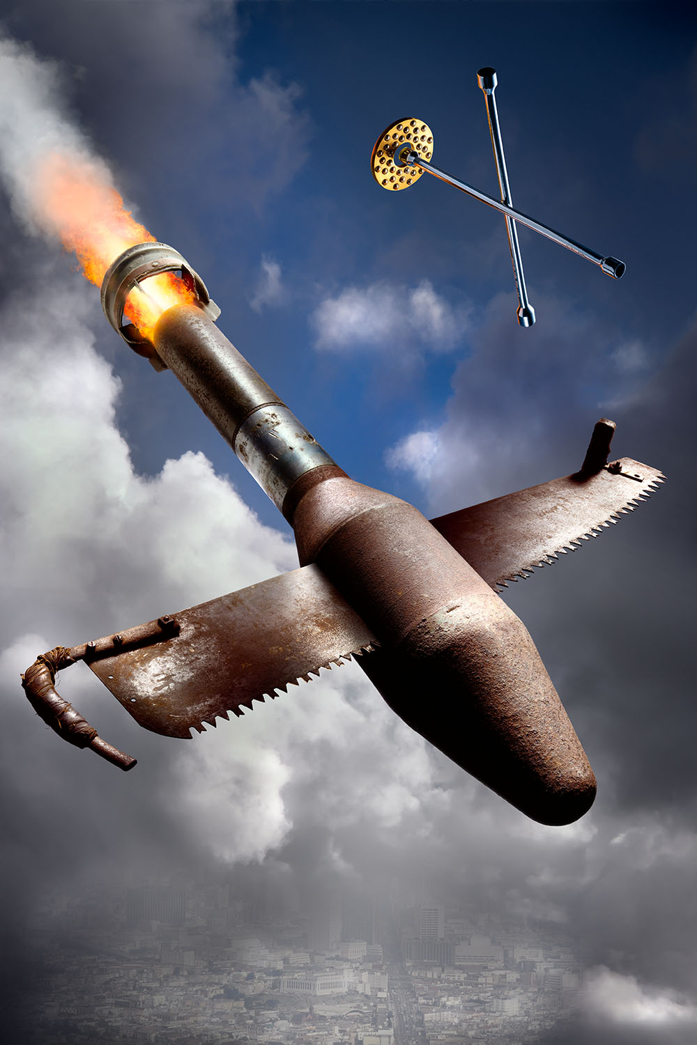 Dramatic photo-illustration of a fiery bomb flying over a city with wings made of an old saw blade.