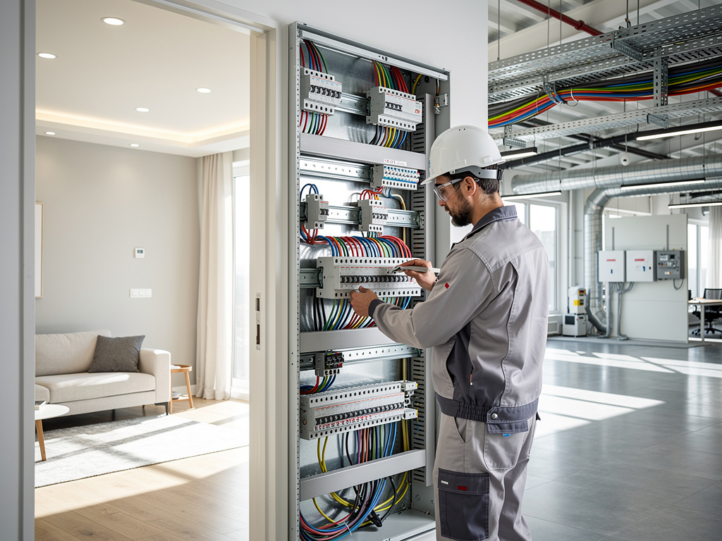 Electricista con casco trabajando en un panel eléctrico industrial junto a sala de estar moderna con cableado y sistemas de automatización