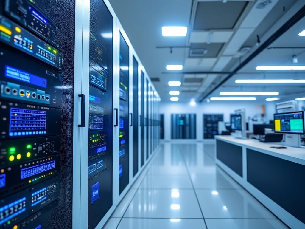 Modern data center with server racks and computers, blue LED lights, spacious interior.