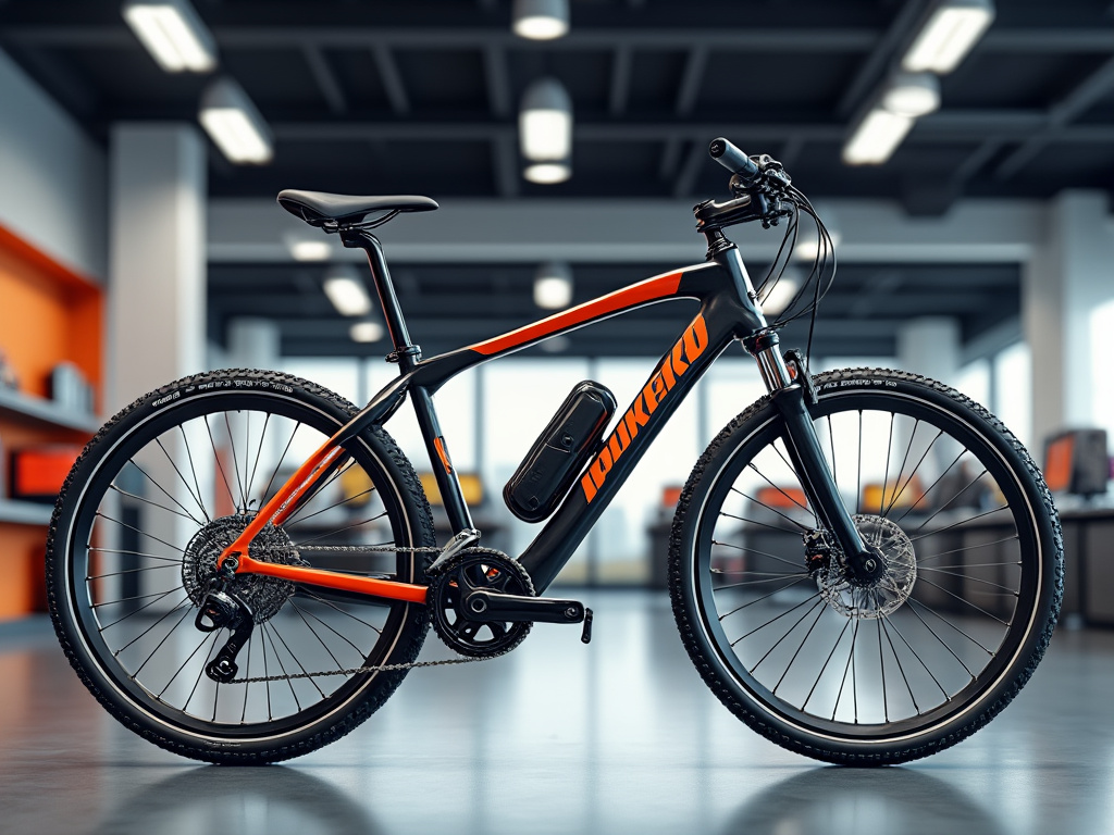Bicicleta eléctrica de montaña con diseño negro y detalles naranjas, en exposición interior moderna.