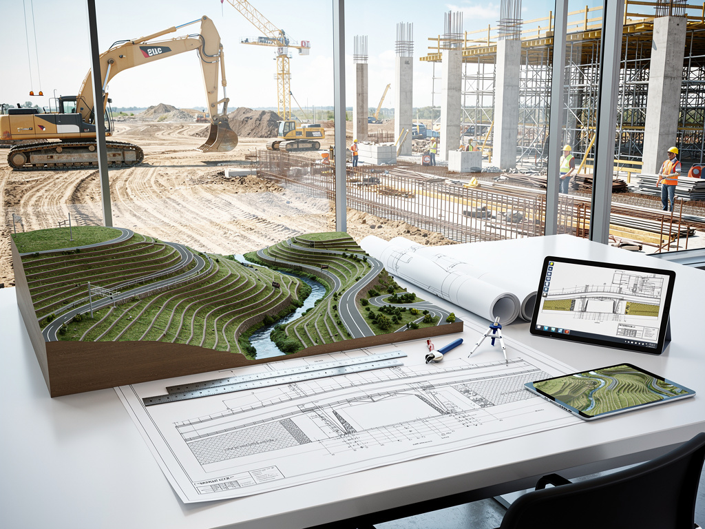 Mesa de arquitecto con planos, maqueta topográfica y tablet frente a obra en construcción con excavadora, grúas y trabajadores