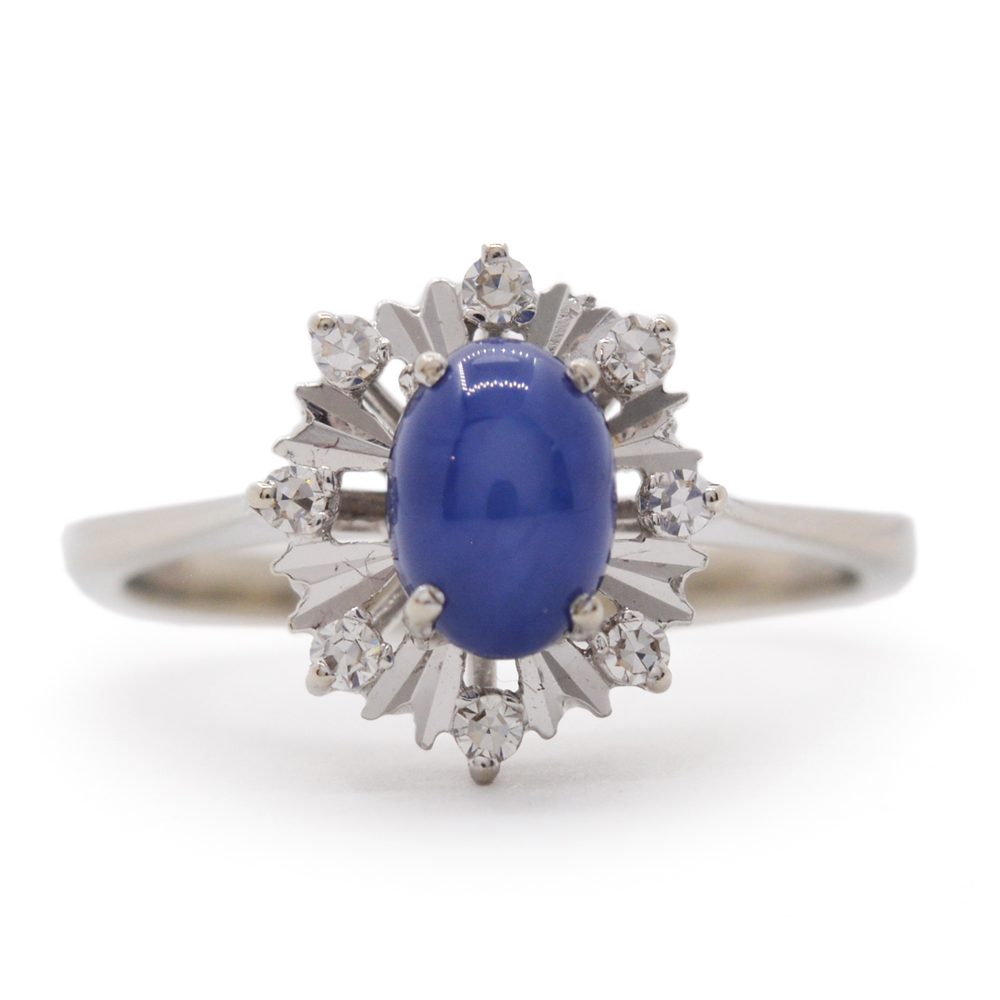 18K WHITE GOLD SYNTHETIC STAR SAPPHIRE & DIAMOND RING $700