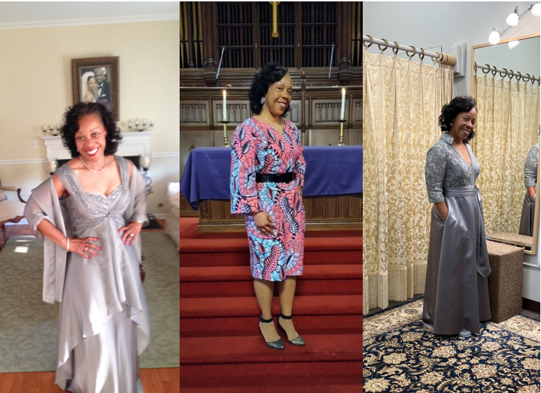 Micheline “Here are some photos of me in my beautiful gown from your shop. I felt beautiful wearing it! Thank you for your special touch and care. God bless you!”  