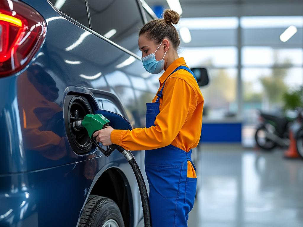 Mujer con mascarilla llenando el tanque de un automóvil azul en una estación de servicio.