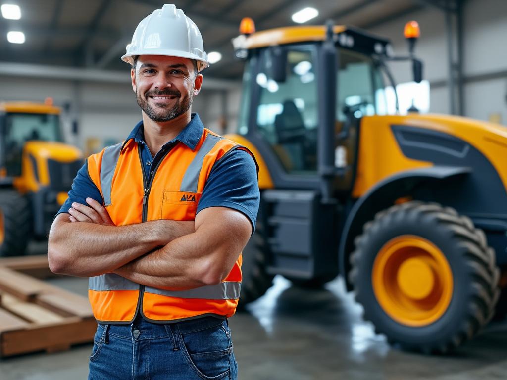 Trabalhador da construção sorridente com colete laranja e capacete, em pé na frente de máquinas pesadas em armazém.