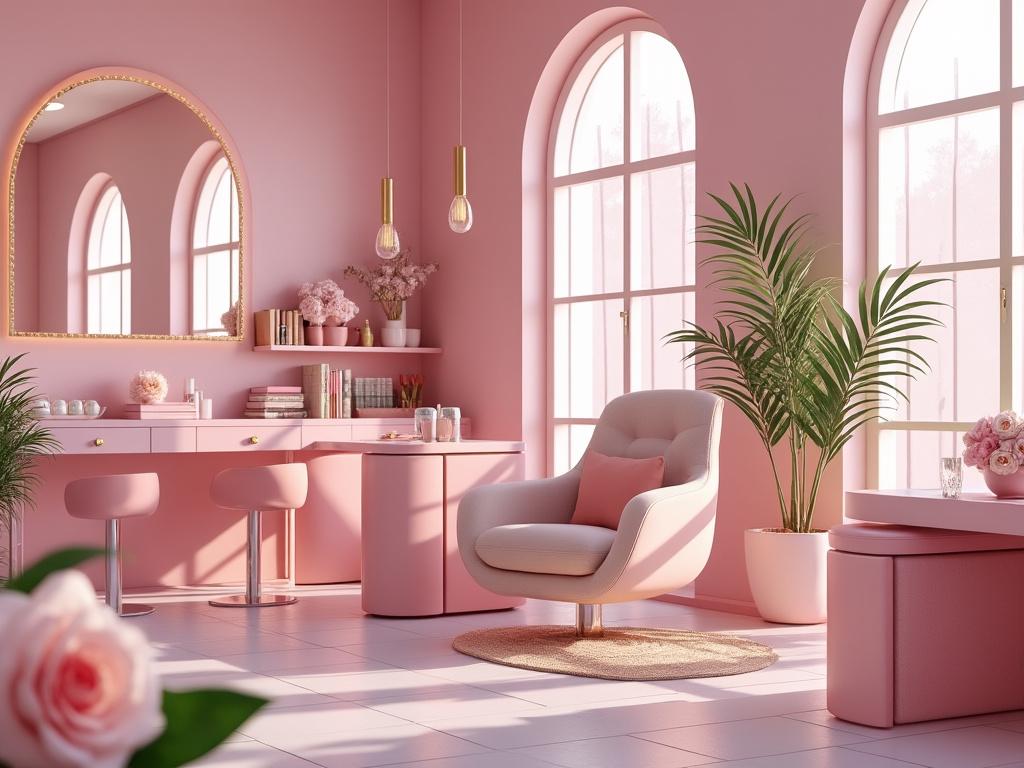 Sala de estar decorada en tonos rosa con sillón, plantas y ventanales grandes. Sala de estar decorada en tonos rosa con sillón, plantas y ventanales grandes.