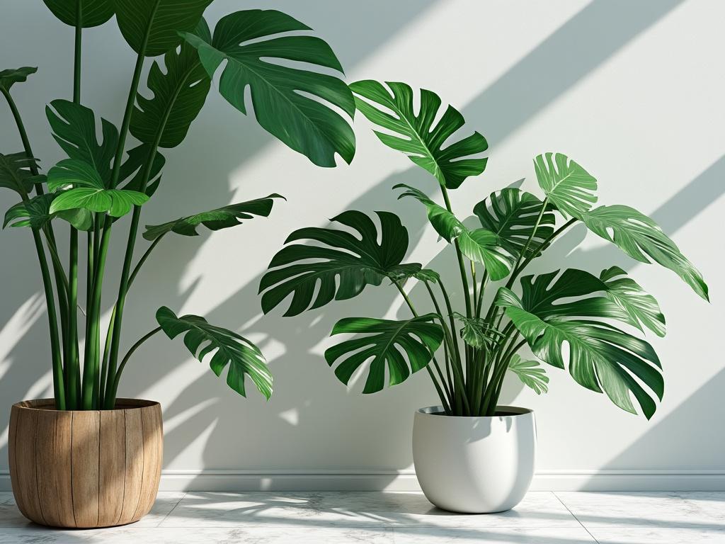 Plantas verdes em vasos de madeira e cerâmica em um ambiente iluminado.