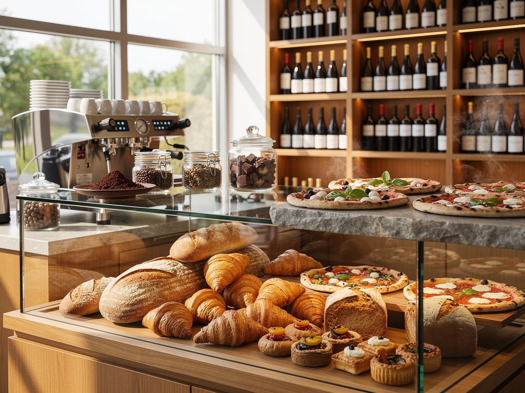 Vitrina de panadería y cafetería con croissants, panes artesanales, pizzas, pasteles, máquina de espresso y botellas de vino