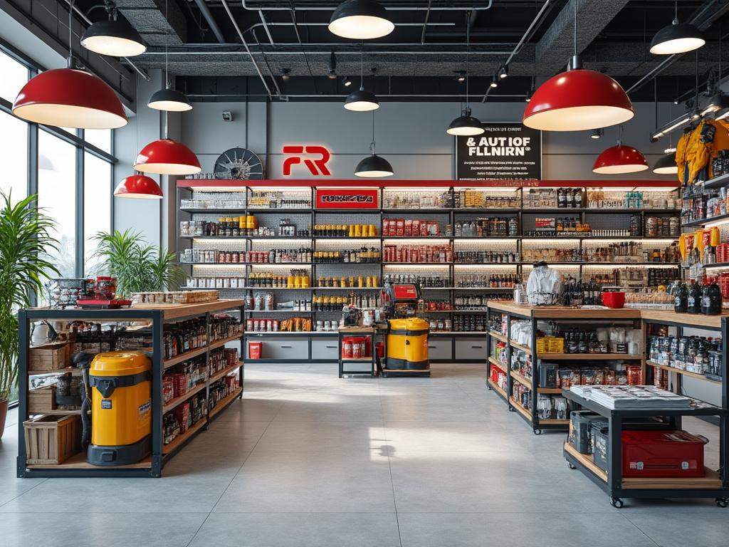 Interior de una tienda moderna con estantes llenos de productos, mesas de exhibición y lámparas colgantes rojas, rodeada de plantas decorativas.