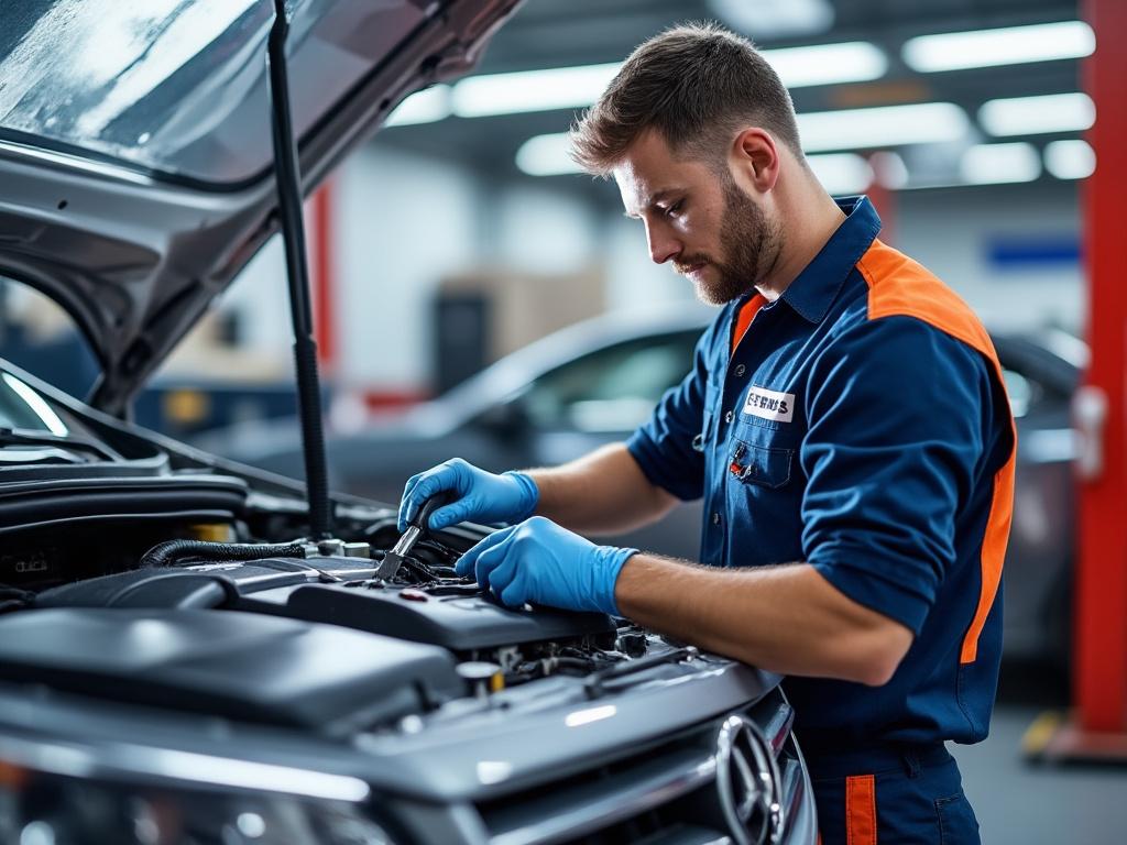 Mecánico trabajando en el motor de un automóvil en un taller.