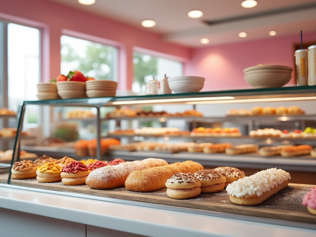 Pastelería con variedad de panes y pasteles en vitrina, decorada en tonos rosados.