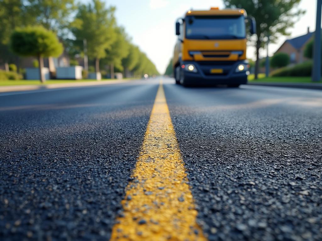 Close-up view of an asphalt road with a yellow dividing line and a blurred yellow truck approaching in the background, surrounded by trees and houses.