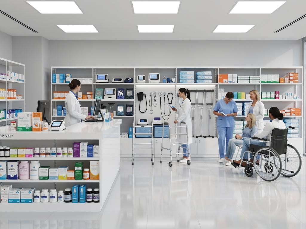 Tienda de suministros médicos moderna con personal sanitario, estanterías de medicamentos, andadores y paciente en silla de ruedas Tienda de suministros médicos moderna con personal sanitario, estanterías de medicamentos, andadores y paciente en silla de ruedas