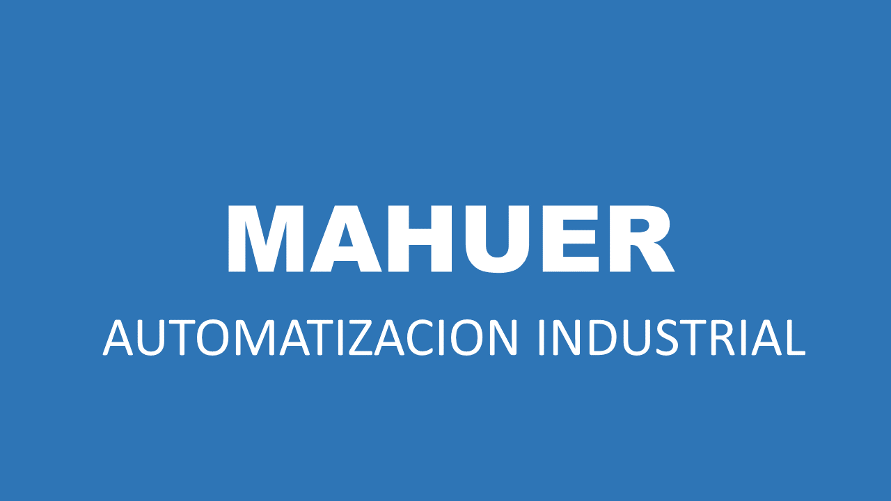 Logotipo de Mahuer con texto 'Automatización Industrial' sobre fondo azul.