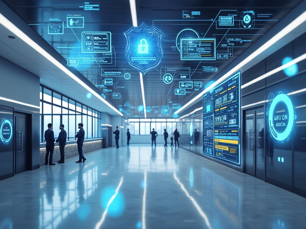 Futuristic office corridor with digital screens displaying cybersecurity information and people interacting.