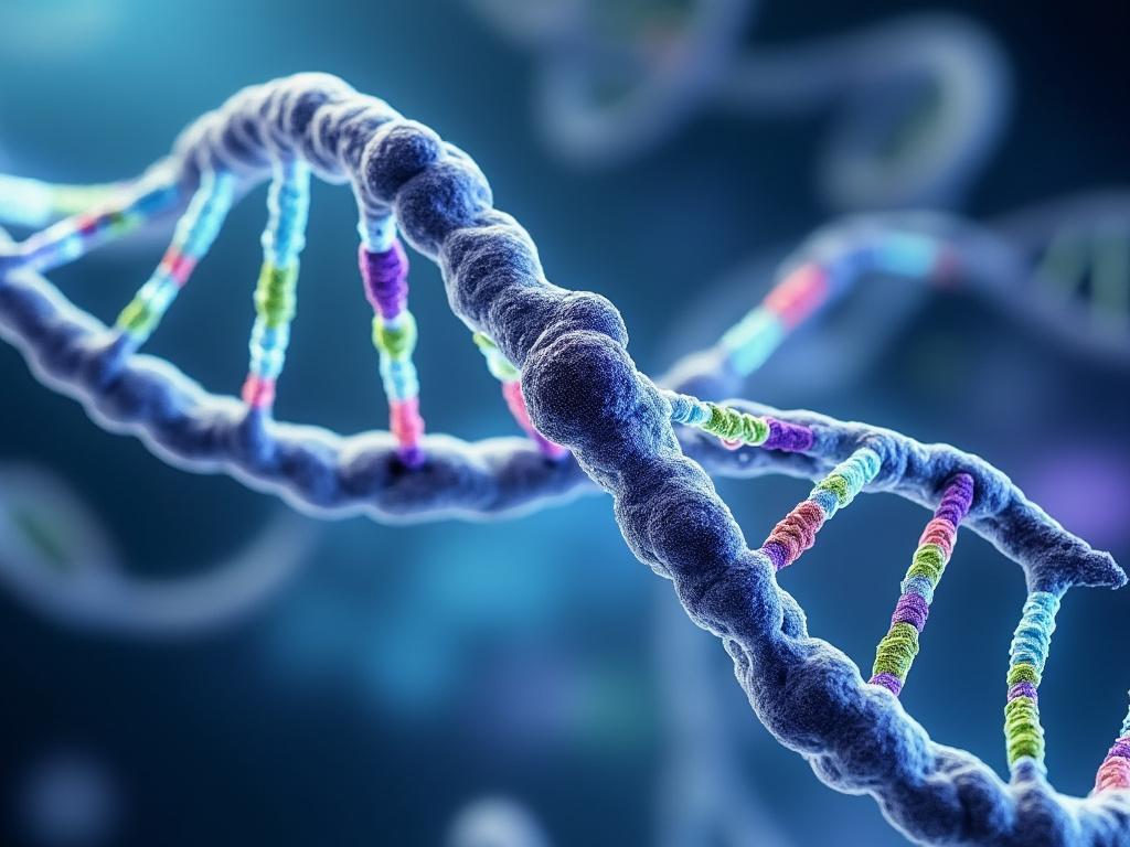 Close-up of a colorful DNA double helix on a dark blue background, illustrating genetic structure.
Close-up of a colorful DNA double helix on a dark blue background, illustrating genetic structure.