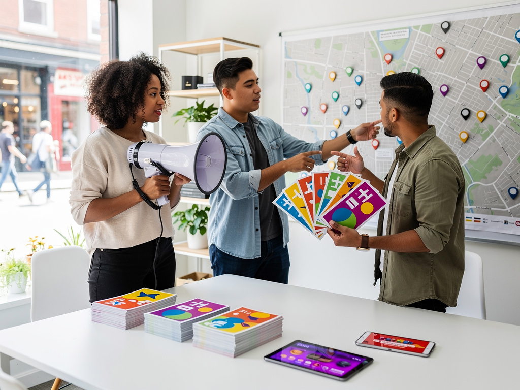 Equipo de marketing planifica campaña local con mapa de ubicaciones, folletos coloridos y megáfono en oficina moderna