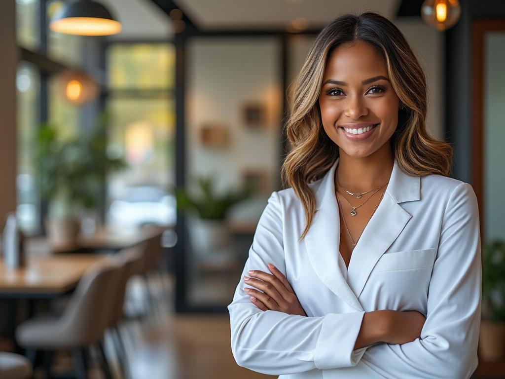 Smiling woman in a white blazer standing in a modern office space with arms crossed, featuring bright indoor lighting and contemporary decor.