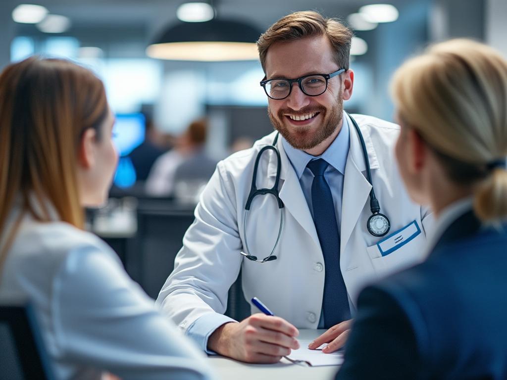 Doctor sonriente con bata blanca y estetoscopio hablando con dos mujeres en una oficina moderna.