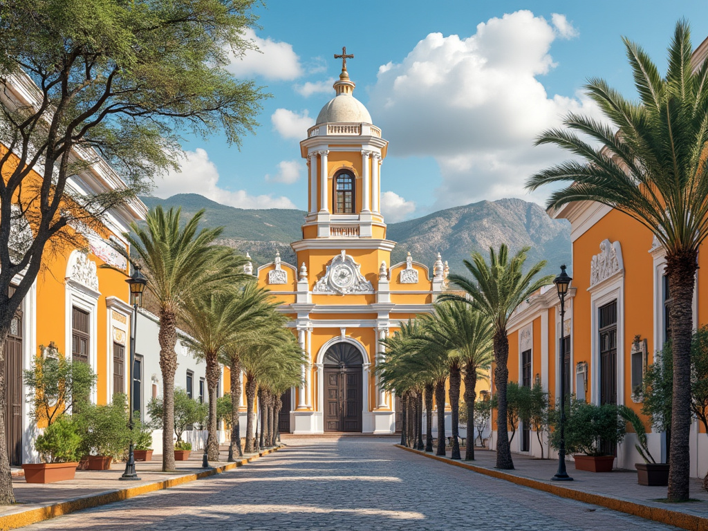 Calle empedrada con edificios coloniales y palmeras, iglesia amarilla y montañas al fondo.