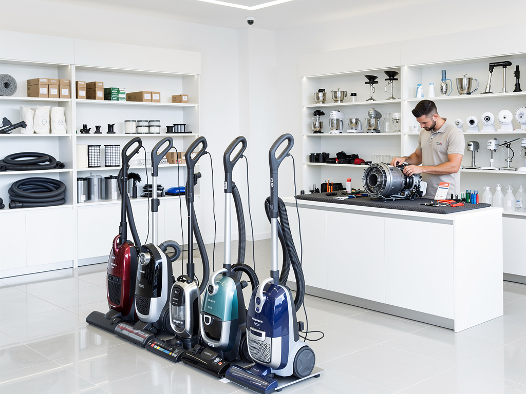 Vacuum cleaner repair shop with technician servicing a motor and multiple vacuum models on display