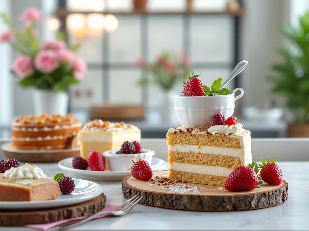 Tarta de capas con fresas y crema, decorada con una taza de café, sobre una mesa con postres y flores de fondo.