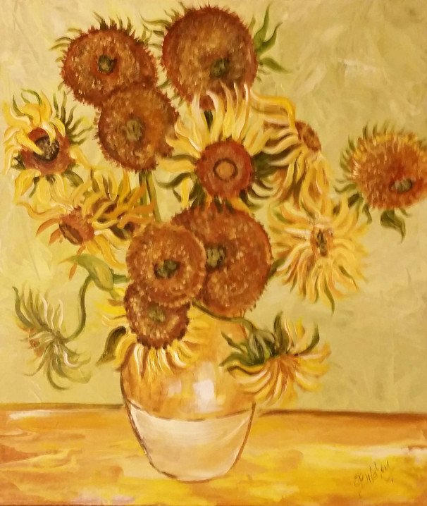 Sunflowers (After Van Gogh), Acrylic on Wood (approx 10"x12")