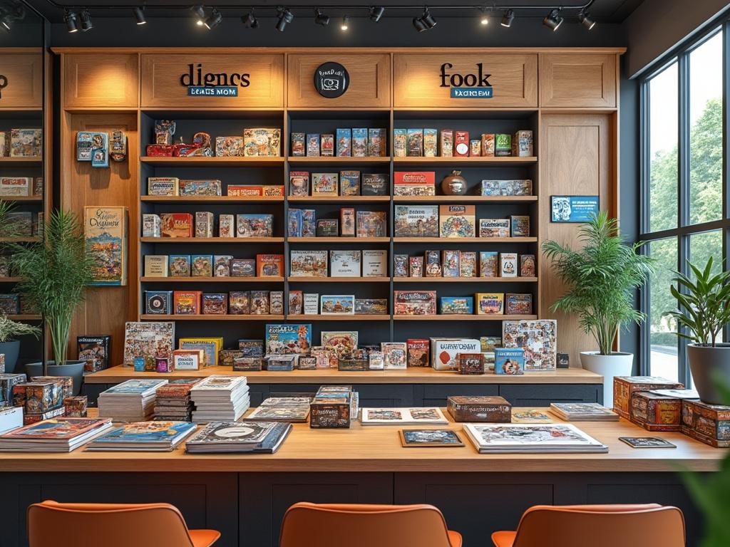 Librería moderna con estanterías de madera llenas de juegos de mesa y rompecabezas, plantas decorativas a los lados y una mesa amplia con más juegos exhibidos.