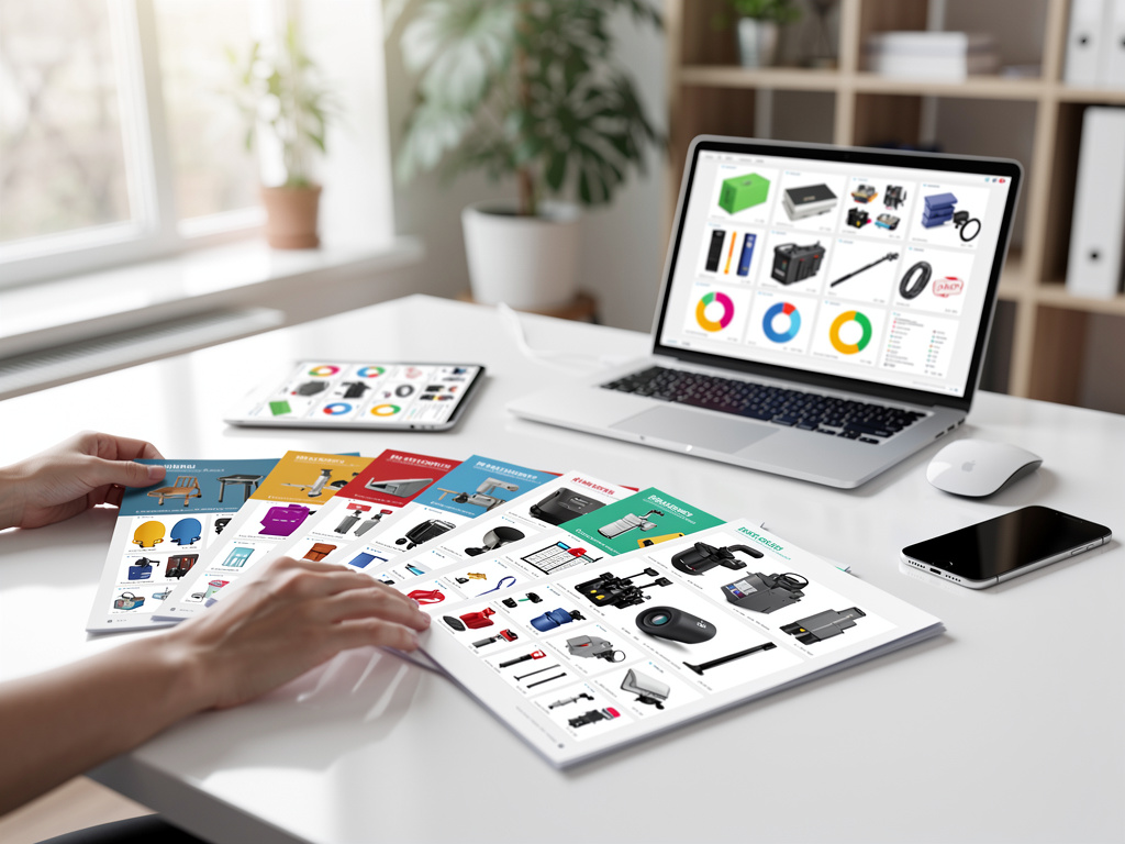Catálogo de productos impreso y digital en escritorio de oficina con portátil, tablet y smartphone