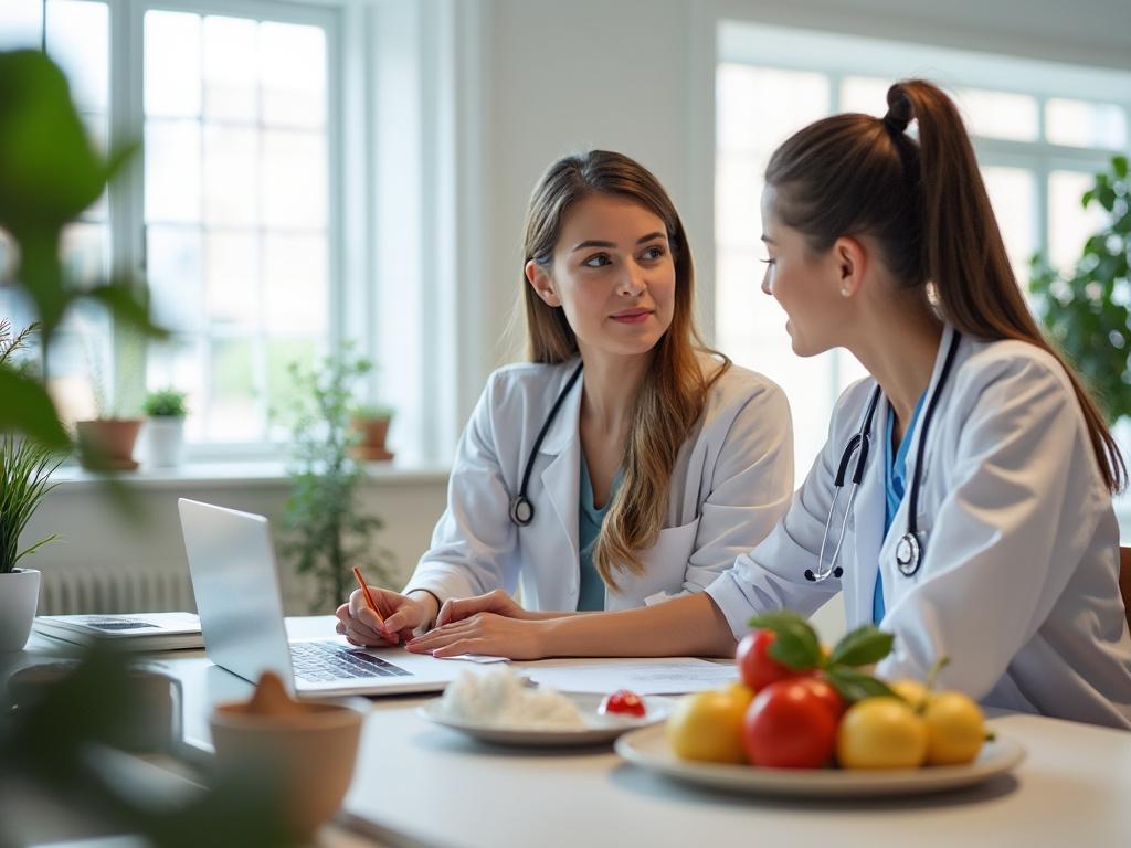 Two female doctors in white coats discussing at a table with laptops and a plate of fresh fruits, in a well-lit office with potted plants.