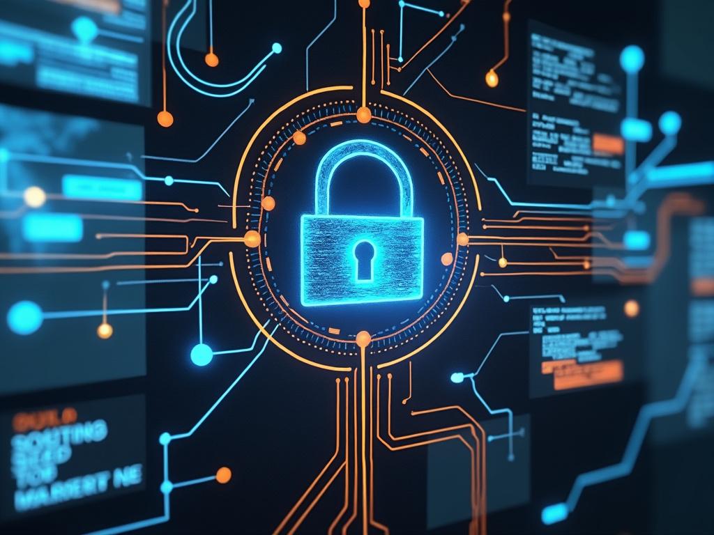 Imagen de un candado digital azul rodeado de líneas de circuito en un entorno tecnológico, simbolizando la ciberseguridad. Imagen de un candado digital azul rodeado de líneas de circuito en un entorno tecnológico, simbolizando la ciberseguridad.
