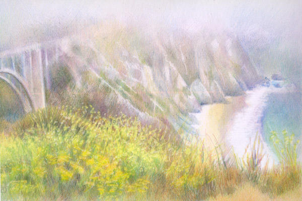 Maritime Inversion - Bixby Bridge, Big Sur (8" x 12", coloured pencils on Arches HP)