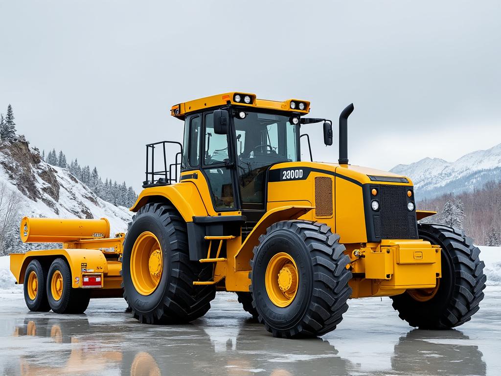 Tractor amarillo 2000D con remolque en un paisaje nevado de montaña.