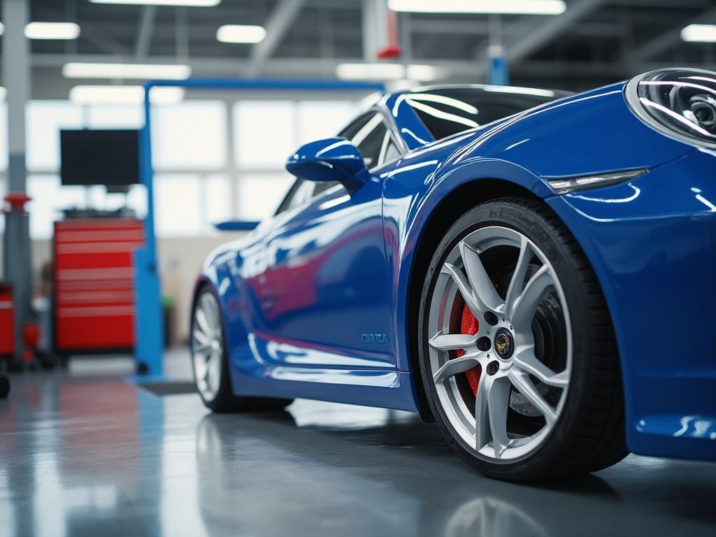 Coche deportivo azul brillante en un taller mecánico con herramientas en el fondo.