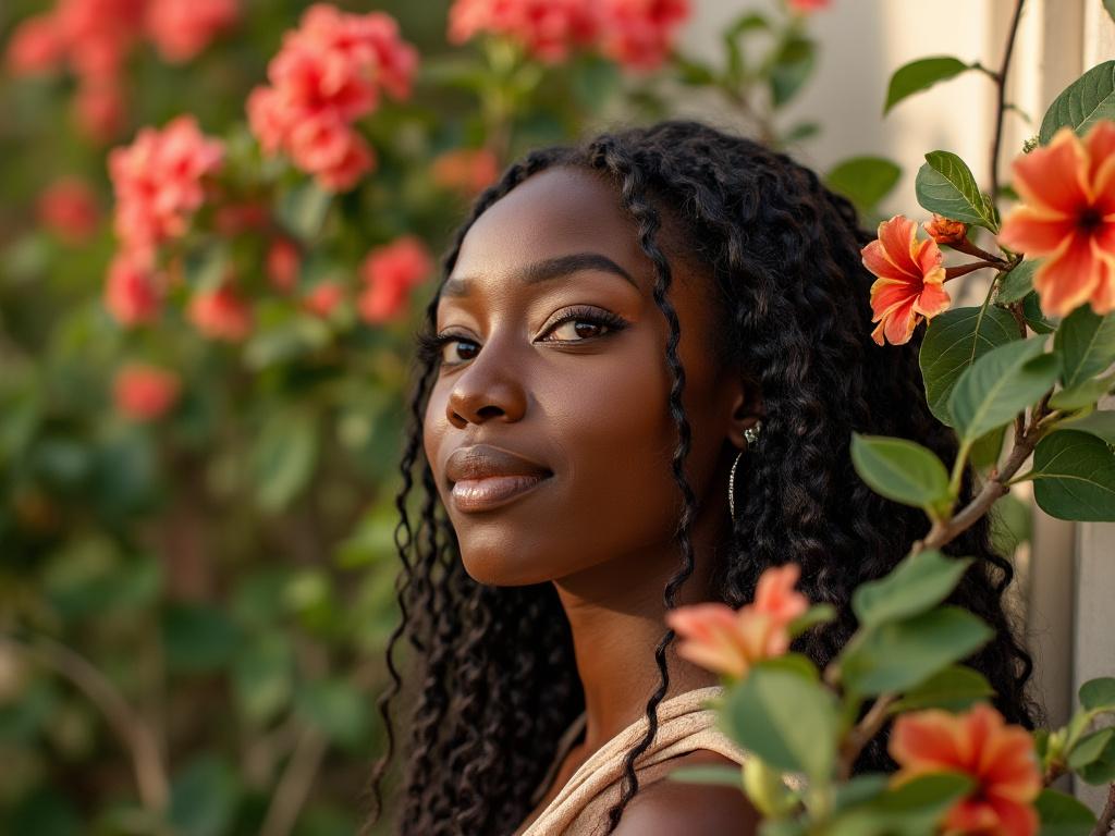 Woman with curly hair surrounded by vibrant orange flowers, with a serene expression.