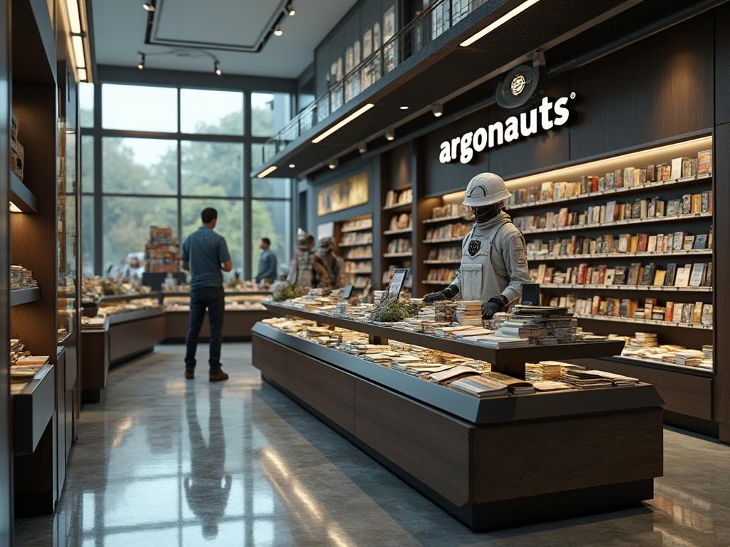 Interior de una librería moderna con grandes ventanales, iluminación cálida, estantes llenos de libros y un maniquí con traje espacial en el centro.