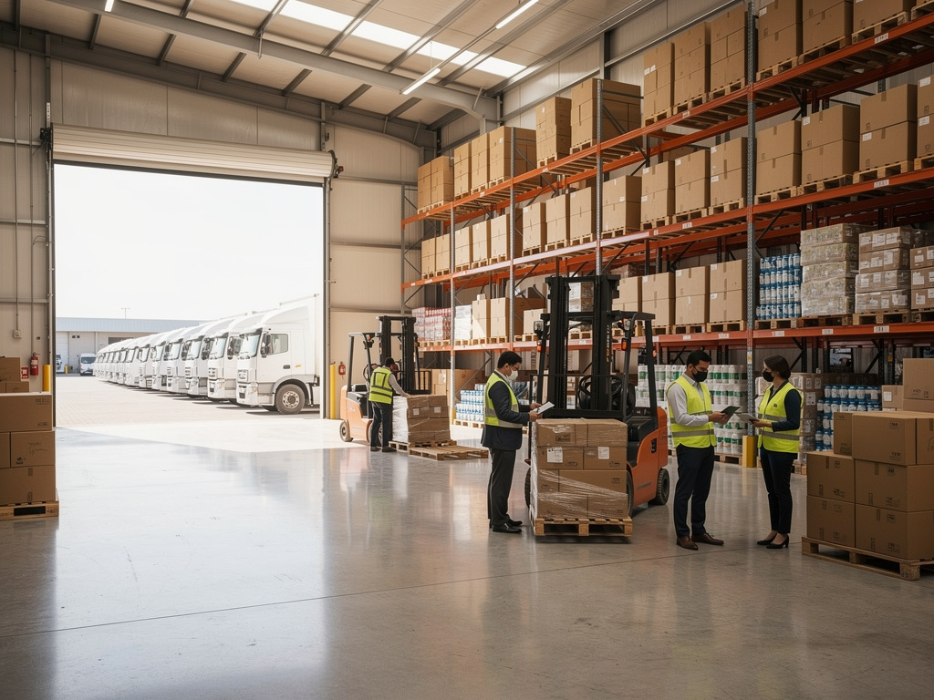 Almacén logístico con estanterías llenas de cajas, carretillas elevadoras, trabajadores con chalecos de seguridad y camiones de reparto en la entrada
